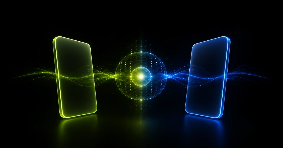 Abstract Savezly artwork showing two phone-like choice forms connected to a centered prediction focus.