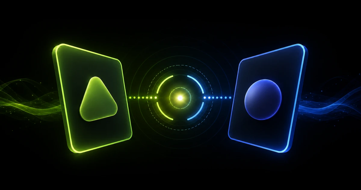 Abstract Savezly artwork showing two visual choice panels with a centered prediction focus.