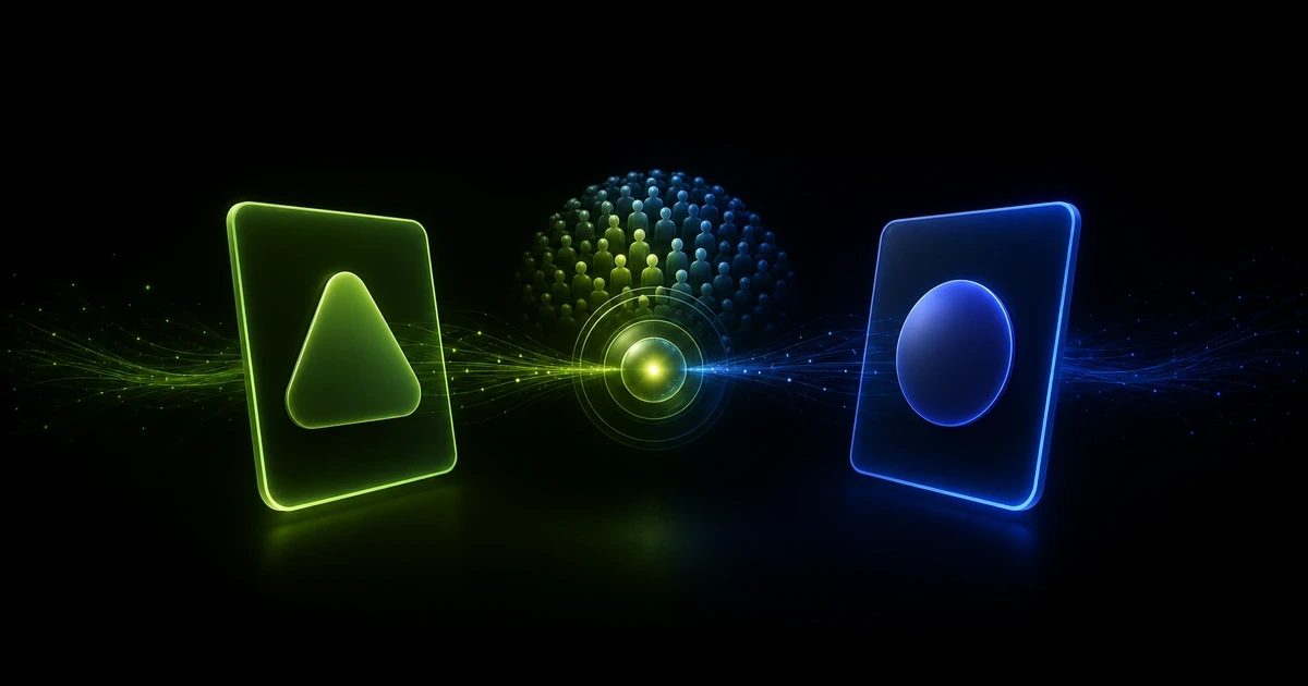 Abstract Savezly artwork showing two visual choice panels connected to a centered prediction focus and crowd-thinking signal.
