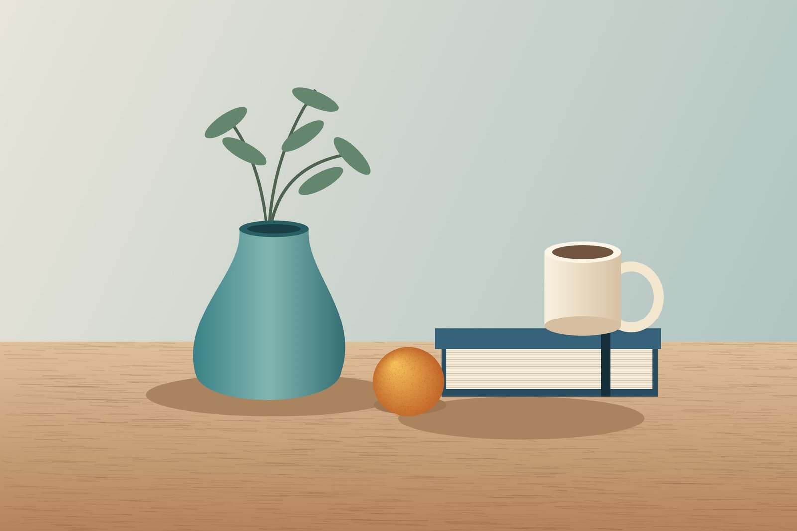 Synthetic still life with a leafy teal vase, orange, notebook, and mug.
