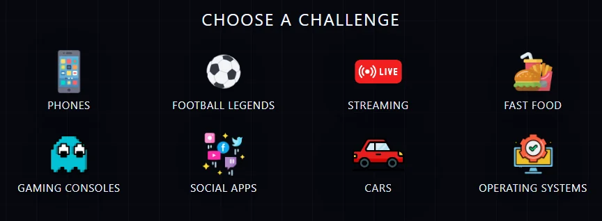 Savezly challenge selection screen showing available categories