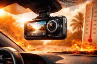 4K dash cam mounted on car windshield in extreme heat, showing dashboard distortion and thermometer