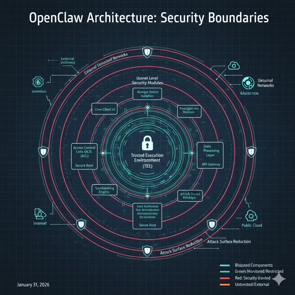 OpenClaw security architecture diagram highlighting Docker isolation, encrypted secrets, and scoped API permissions