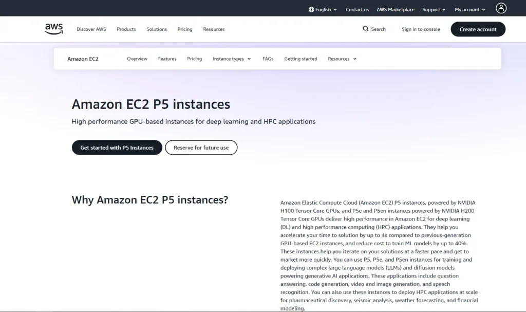 Amazon EC2 P5 instances page, showcasing AWS as one of the best GPU cloud providers for AI for deep learning.