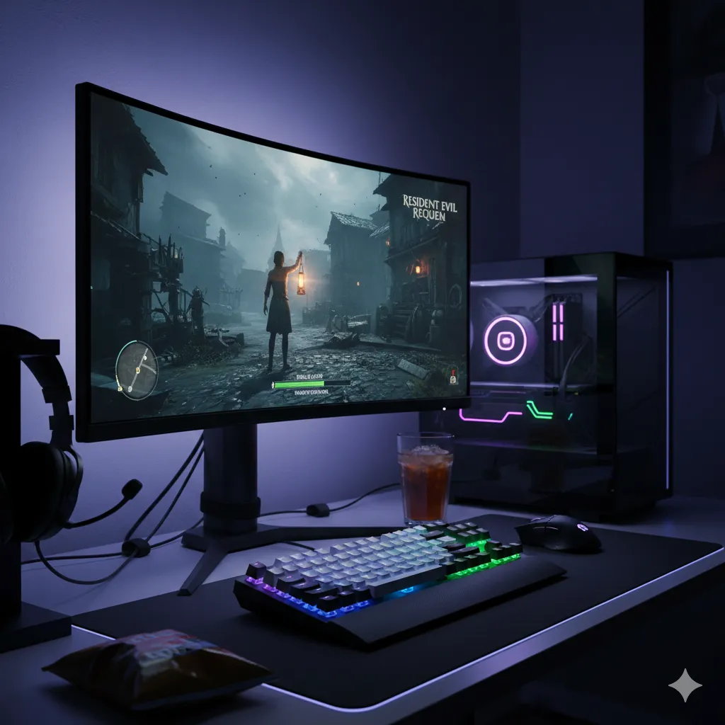 A dark, atmospheric gaming setup featuring a PC with an RTX graphics card, an RGB mechanical keyboard, a gaming mouse, and a headset, with the Resident Evil Requiem title screen visible on the monitor.