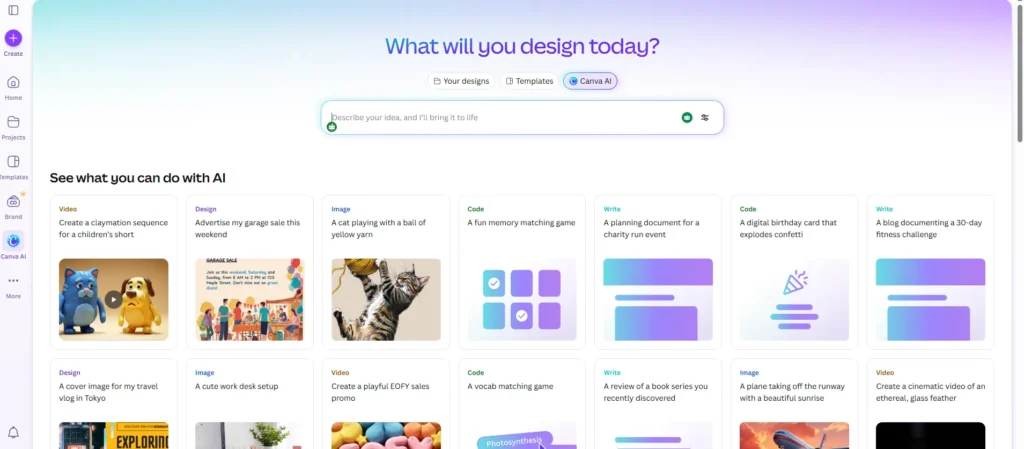 Screenshot of Canva’s Magic Studio interface in February 2026, showing the "Magic Design" prompt bar and the "Magic Media" sidebar with Dream Lab integration.