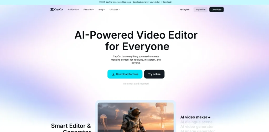 Screenshot of CapCut Desktop in 2026 showing the 'Script to Video' interface, AI-generated captions, and the Seedance model video preview.