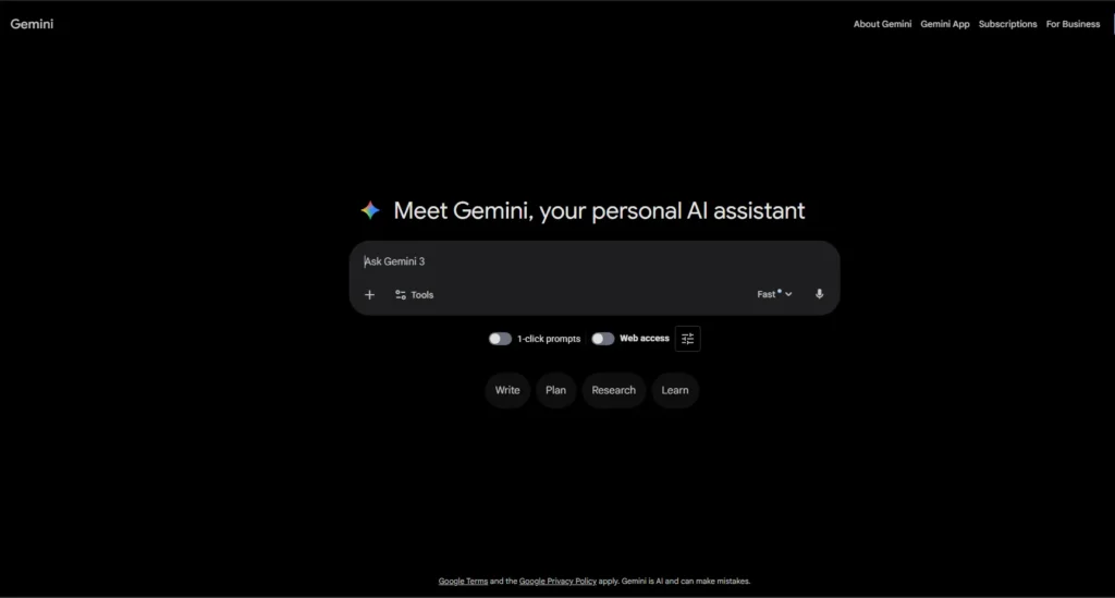 Screenshot of the Google Gemini 3 interface in February 2026, showing the model selector set to "Fast" (Flash) and "Thinking" (Pro) with Gmail and Drive extensions enabled.