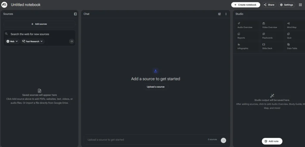 Screenshot of the Google NotebookLM interface in February 2026, showing the "Studio" panel with Audio and Video Overview options and the "Join" button for interactive podcasts.