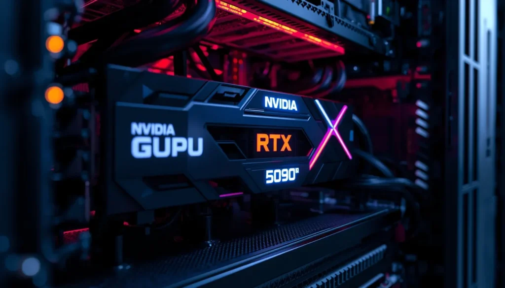 Hyper-realistic close-up of an NVIDIA RTX 5090 GPU with glowing cyan neon accents installed in a high-end server rack for AI training.