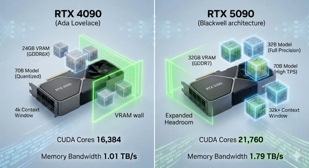 Technical comparison of the RTX 5090 vs 4090 for AI workloads, highlighting the 32GB VRAM headroom versus the 24GB VRAM wall for LLM training.