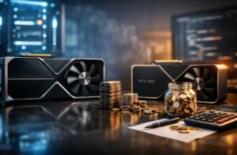 A high-end comparison of the RTX 5090 vs 4090 for AI featuring two GPUs on a desk with stacks of coins and a calculator to illustrate cost-benefit analysis and budget considerations.