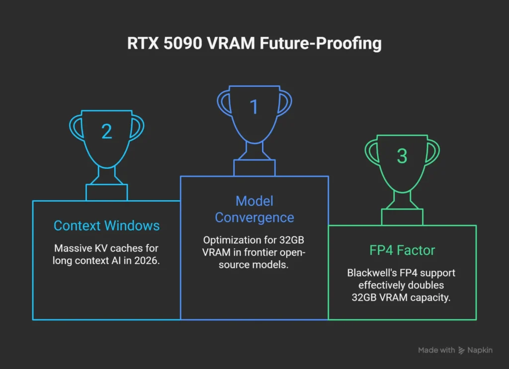 A technical comparison of the RTX 5090 vs 4090 for AI, showing 32GB GDDR7 memory headroom vs 24GB GDDR6X, Blackwell FP4 quantization benefits, and faster token generation for 70B parameter LLMs.