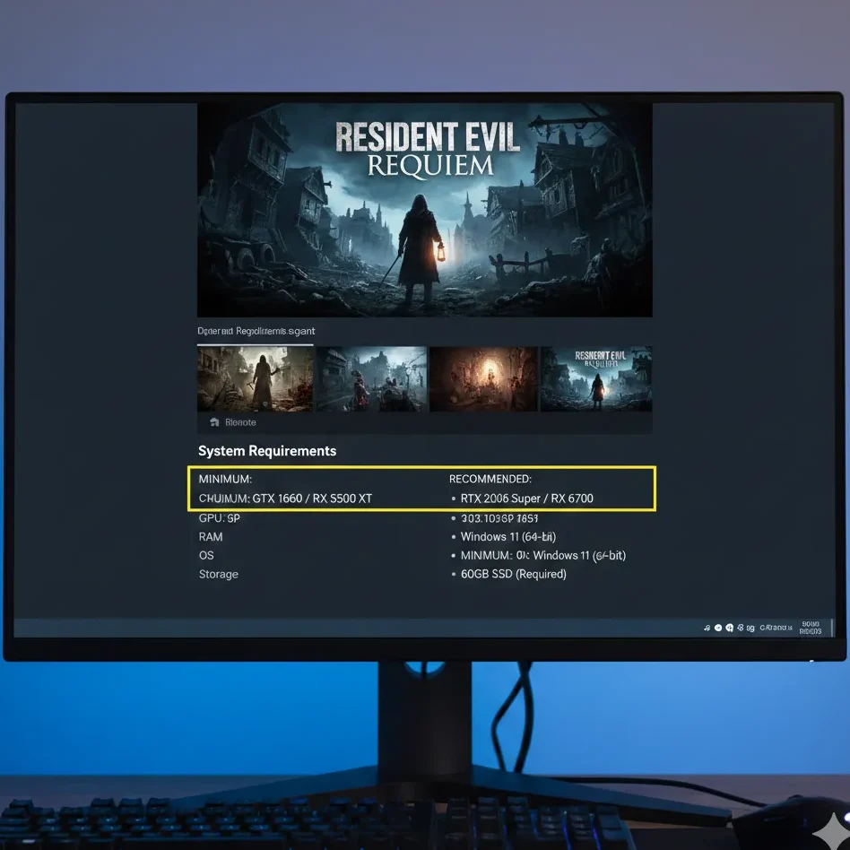 A PC monitor displaying the Resident Evil Requiem PC Steam store page with the Minimum and Recommended system requirements highlighted in a yellow box, featuring GTX 1660 and RTX 2060 Super GPUs.