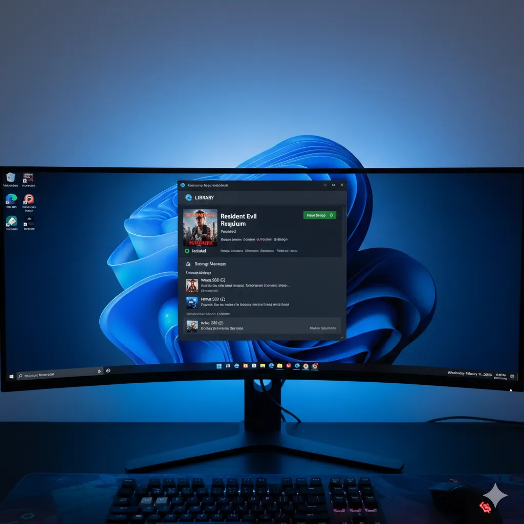 A wide-screen monitor showing a Windows 11 desktop with the Steam library open, displaying Resident Evil Requiem installed on an NVMe SSD drive for faster load times.