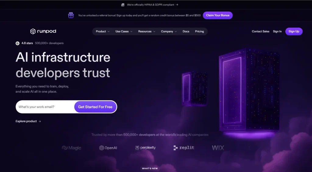 RunPod homepage showcasing AI infrastructure platform for GPU training, deployment, and scaling