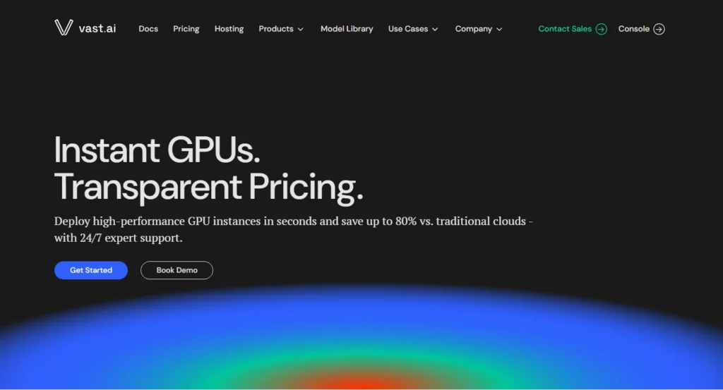 Vast.ai homepage showing instant GPU deployment and transparent pricing for AI workloads RTX 5090 GPU Rental Comparison 2026