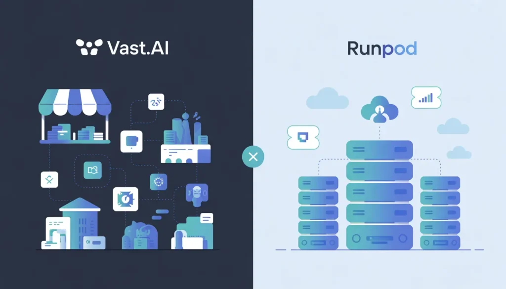Vast.ai vs RunPod Comparison chart showing hourly rental prices for RTX 5090 and H100 GPUs on Vast.ai and RunPod platforms in 2026.