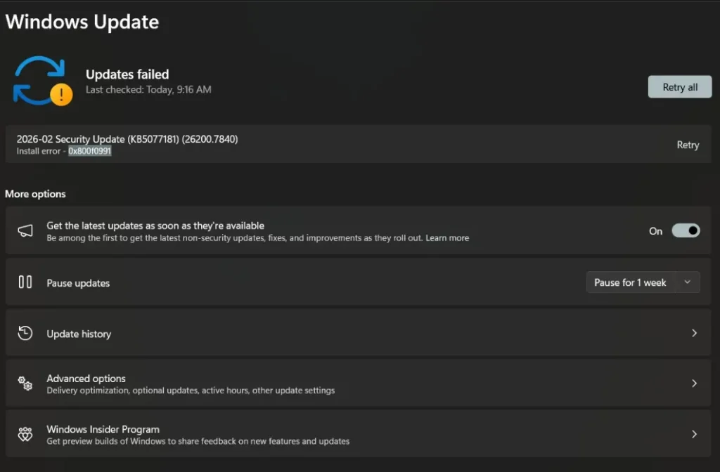 Windows 11 Update Error 0x800f0991