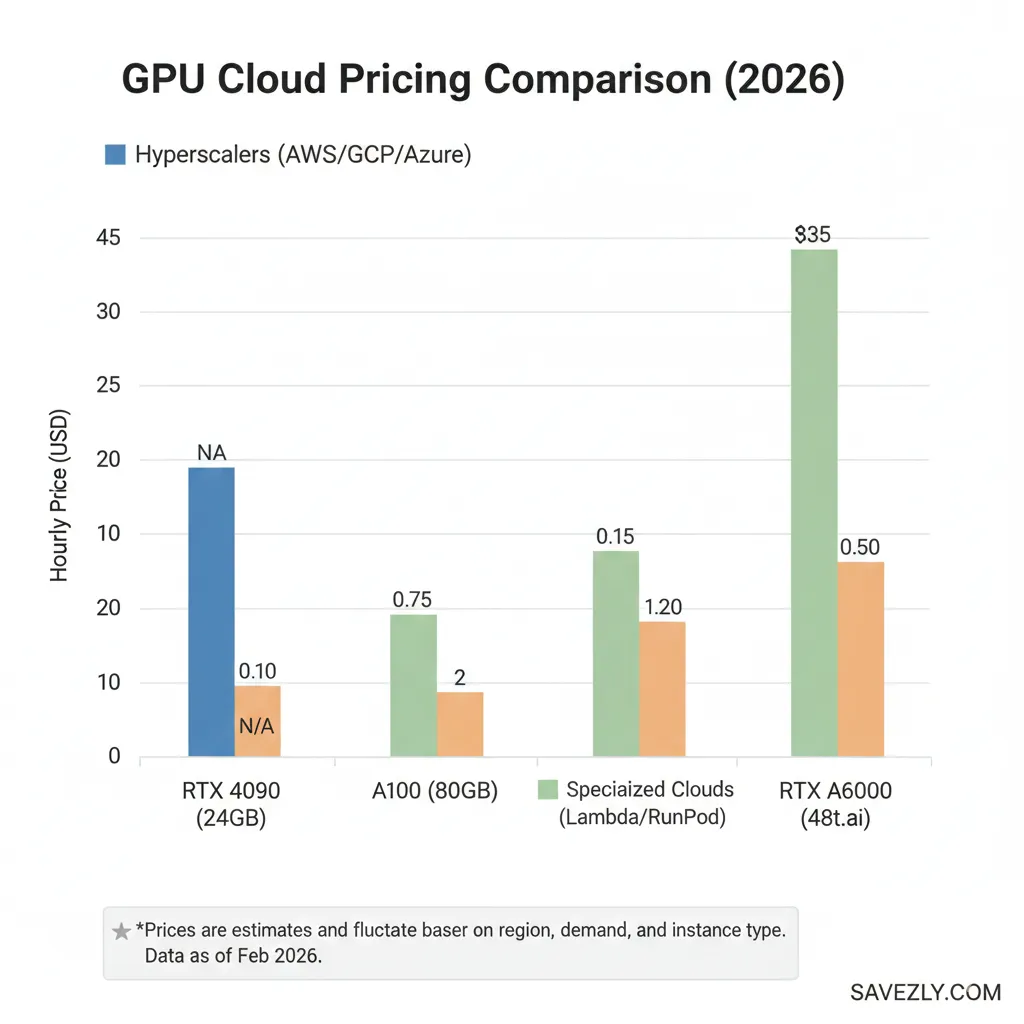 Cheap GPU Cloud:Bar chart comparing 2026 hourly prices for RTX 4090, A100, and RTX A6000 GPUs. It shows specialized clouds like Lambda and RunPod offering 40-70% lower rates than hyperscalers.
