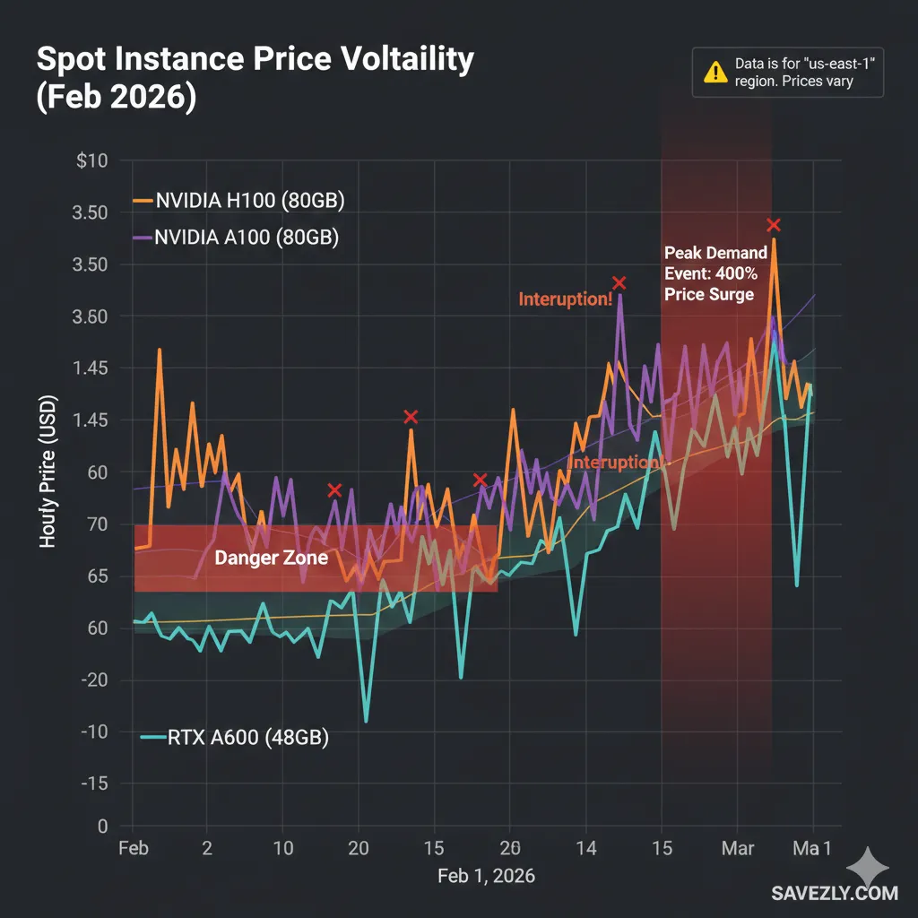 Line graph showing GPU spot instance price volatility for H100, A100, and RTX A6000 in Feb 2026. The chart highlights price surges and 'Interruption' points where servers are reclaimed.