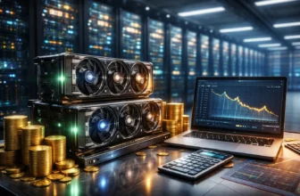Realistic 3D rendering of high-end GPUs stacked on a desk next to a laptop showing financial growth charts and stacks of gold coins in a modern server room.