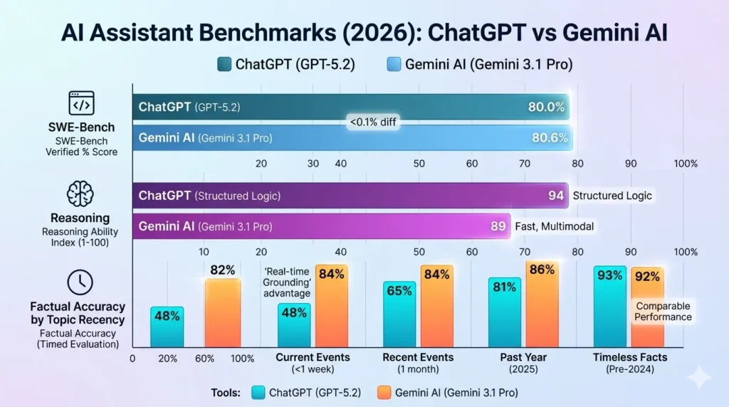 A comprehensive 2026 AI benchmark infographic comparing ChatGPT (GPT-5.2) and Gemini AI (Gemini 3.1 Pro). The image contains three charts: SWE-Bench (Coding Score), Reasoning Score, and Factual Accuracy by Topic Recency, visualizing performance differences between the two leading AI assistants.