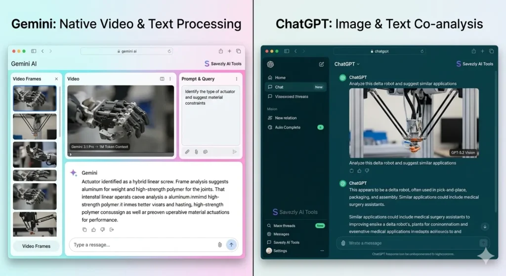 A side-by-side comparative screenshot of the 2026 desktop interfaces for Gemini AI and ChatGPT, illustrating distinct multimodal capabilities. On the left, Gemini AI (running Gemini 3.1 Pro) demonstrates simultaneous processing of a live video input (showing robotic movement) alongside a text query asking for analysis. On the right, ChatGPT (running GPT-5.2) shows a static image of a complex mechanical delta robot uploaded into the chat thread with an integrated text query asking for design suggestions, illustrating traditional image-plus-text co-analysis.