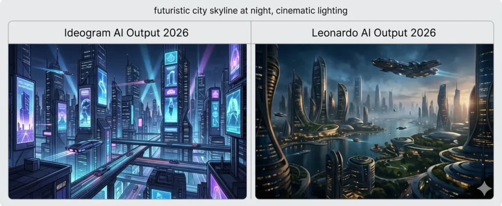 Ideogram vs Leonardo AI output comparison 2026 — a side-by-side visual analysis showing the different results generated by each tool using the exact same prompt: "futuristic city skyline at night, cinematic lighting."