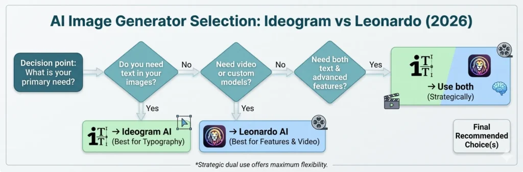 Ideogram vs Leonardo AI decision flowchart diagram (2026). The infographic shows a logical selection path: "Do you need text?" leads to "Ideogram AI," while "Need video or custom models?" points to "Leonardo AI." If the user needs "Both," the recommendation is "Use Both (Strategically)."