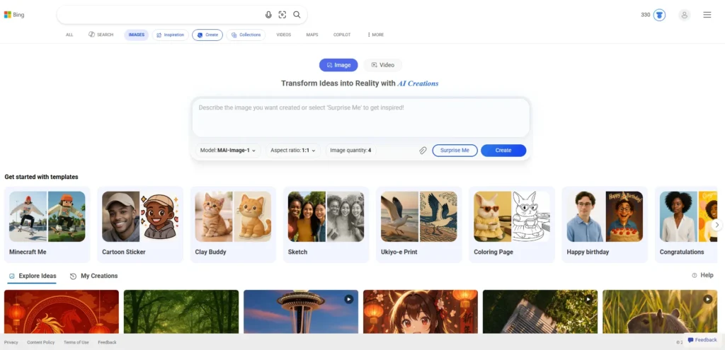 Bing Image Creator dashboard in 2026 showing AI image generation templates and a prompt box for watermark-free visuals.