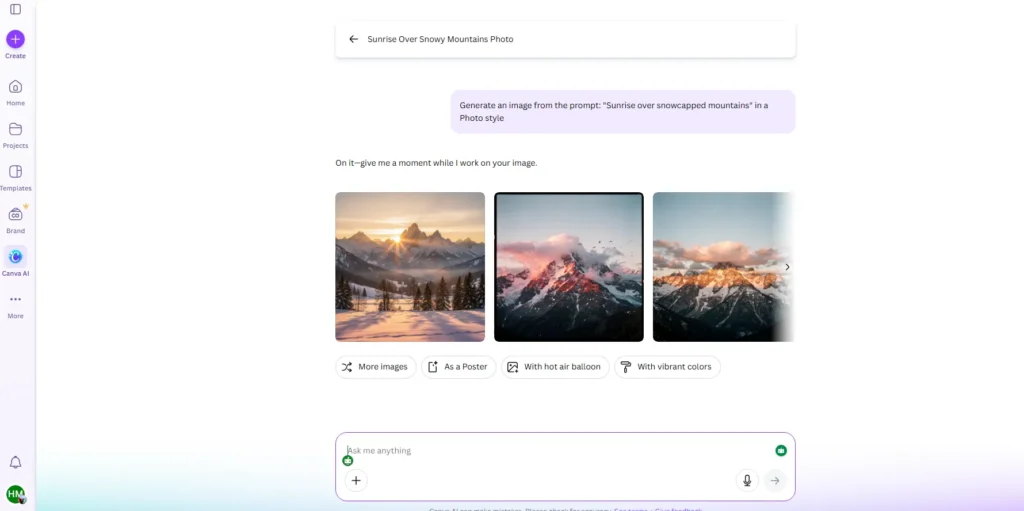 Canva AI interface generating high-quality sunrise over snowy mountains photos without watermarks.