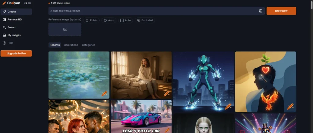 Craiyon AI dashboard showing free image generation interface with a cute fox prompt and no-login art creation.