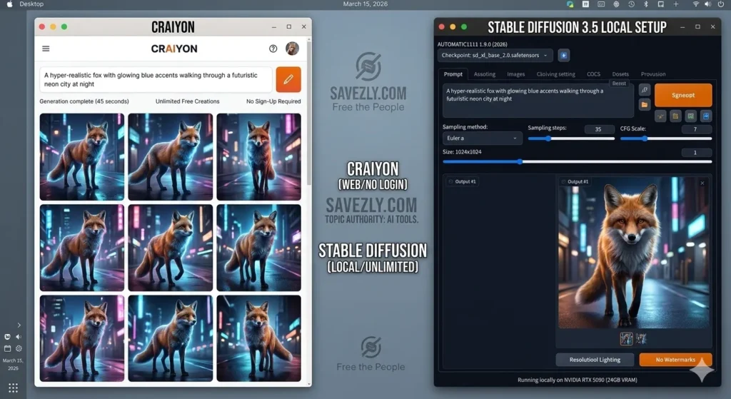 Screenshot comparison 2026 showing Craiyon vs Stable Diffusion local setup side-by-side with identical prompts on Savezly.com