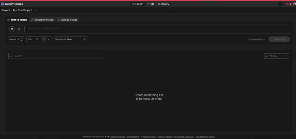 DreamStudio dashboard by Stability AI showing text-to-image interface for generating high-quality AI art without watermarks.