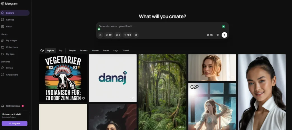 Ideogram AI dashboard 2026 showing the prompt interface and a gallery of high-quality, watermark-free images including typography and photorealistic portraits.