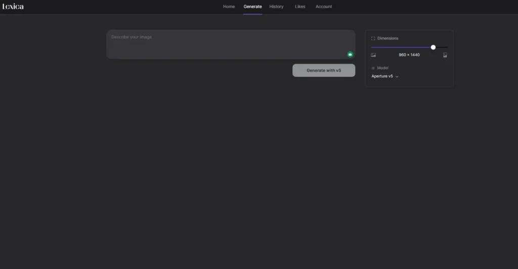 Lexica Aperture dashboard 2026 showing the prompt interface for photorealistic AI image generation without watermarks.