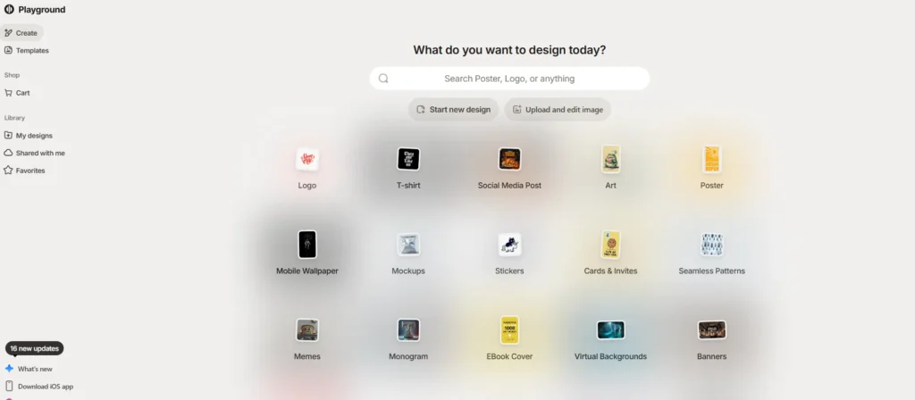Playground AI dashboard showing various design templates for watermark-free social media and marketing assets.