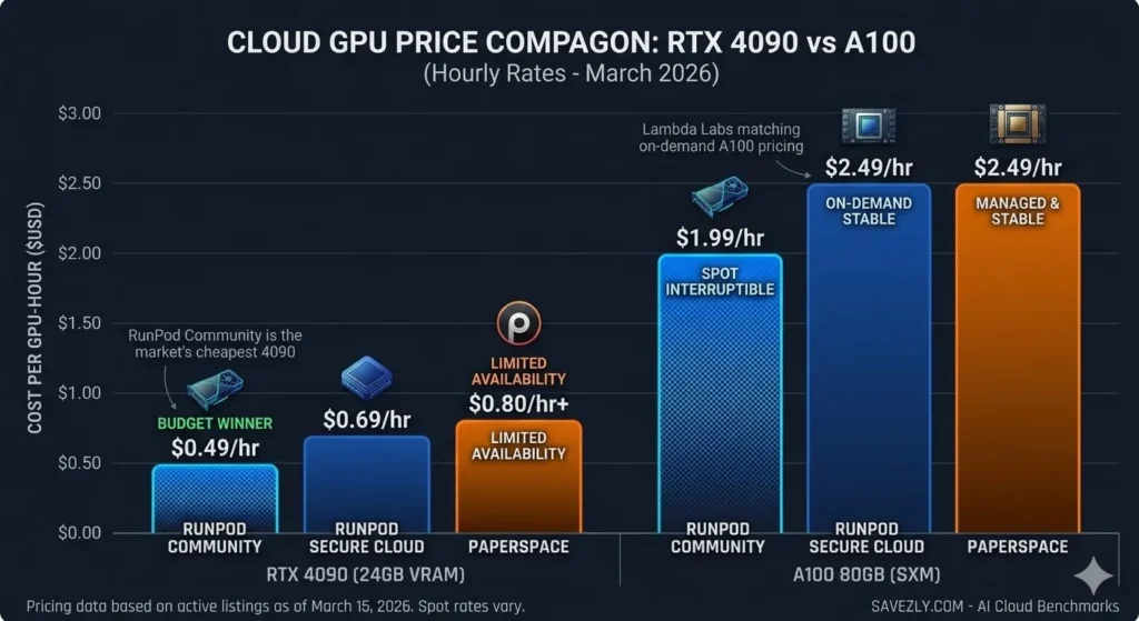 Grouped bar chart 2026 comparing GPU hourly prices for RTX 4090 and A100 80GB on RunPod Community, RunPod Secure Cloud, and Paperspace for AI training