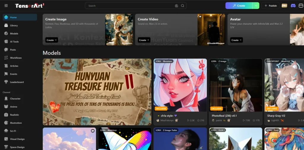 TensorArt 2026 home dashboard showing a library of AI models and community-driven watermark-free image generation.