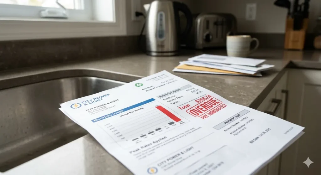 A detailed electricity bill from "City Power & Light" rests on a grey kitchen countertop next to a sink. The bill shows a "Total" of $368.74 and features a prominent red "OVERDUE - PAY IMMEDIATELY" stamp. In the blurred background, a kettle, toaster, and other kitchen mail are visible under soft natural light.