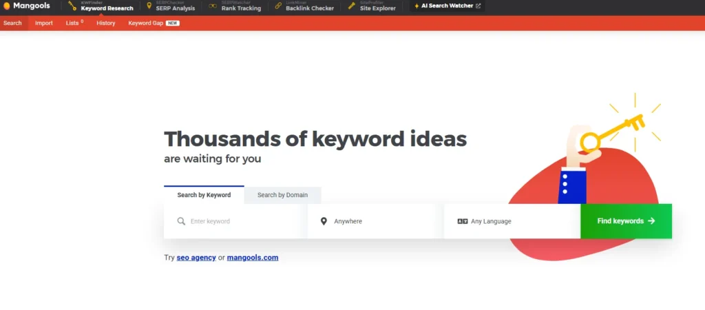 Mangools KWFinder dashboard showing thousands of keyword ideas and SEO difficulty