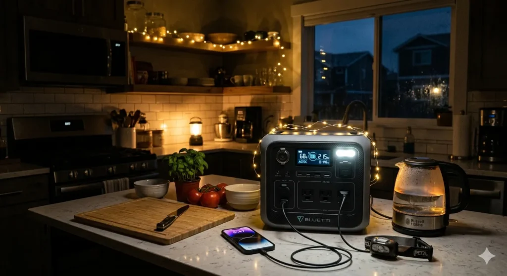 A modern portable power station sitting on a dark kitchen counter during a power outage. The unit’s digital display is illuminated, and it is powering a smartphone, a headlamp, and a glass electric kettle. Warm fairy lights and a small lantern in the background provide a cozy glow against the dark kitchen and the view of a neighborhood blackout through the window.