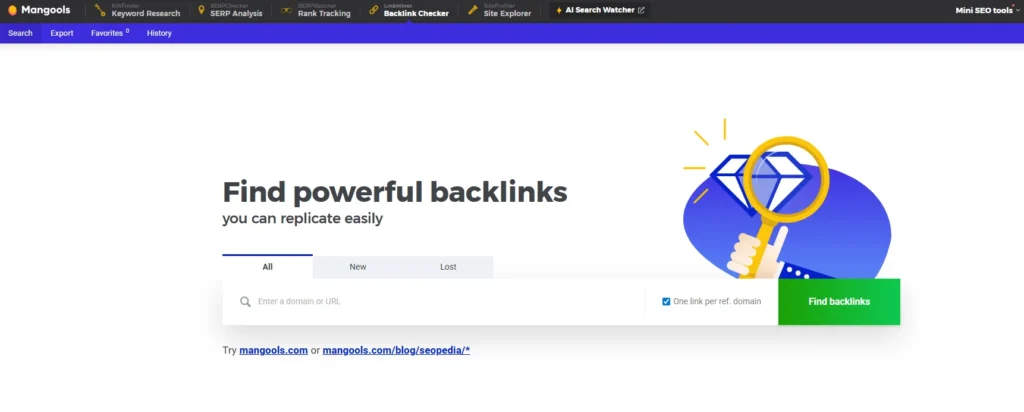 Mangools LinkMiner interface for finding and replicating powerful backlinks