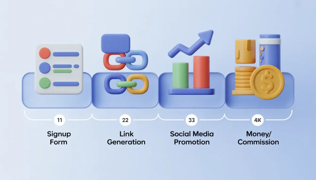 clean 3D infographic-style visualization showing four connected steps