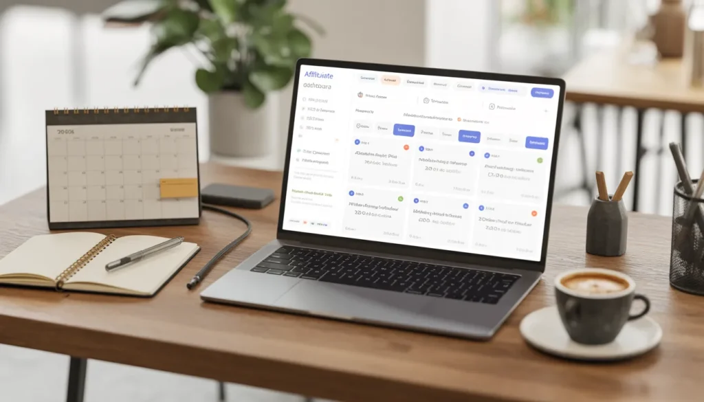 realistic 3D workspace scene with laptop displaying affiliate dashboard