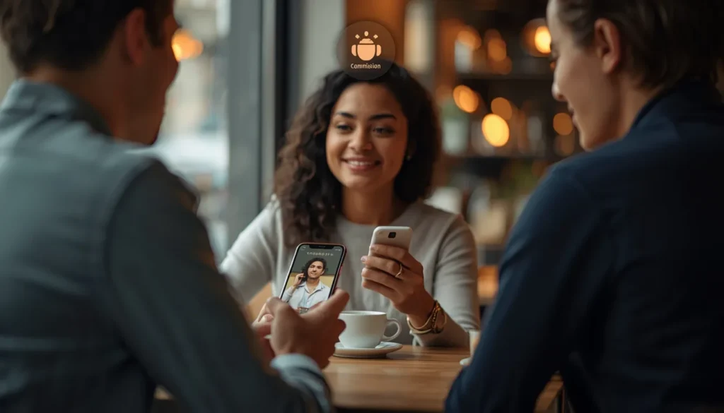 realistic scene showing three people in casual coffee shop setting