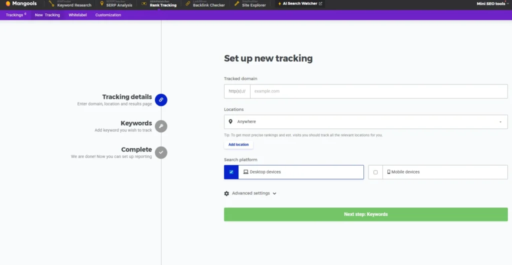 Setting up new keyword rank tracking in Mangools SERPWatcher