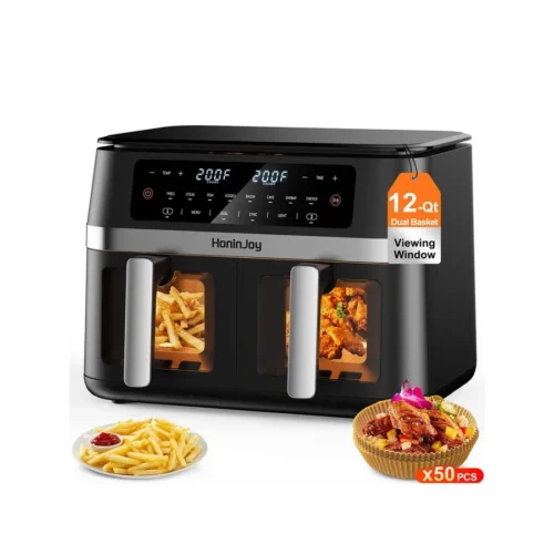 Large Dual Basket Air Fryer with Viewing Window and 50pcs Paper Liners, 10in1 Digital Touchscreen Double Zone Air Fryers, SyncCo